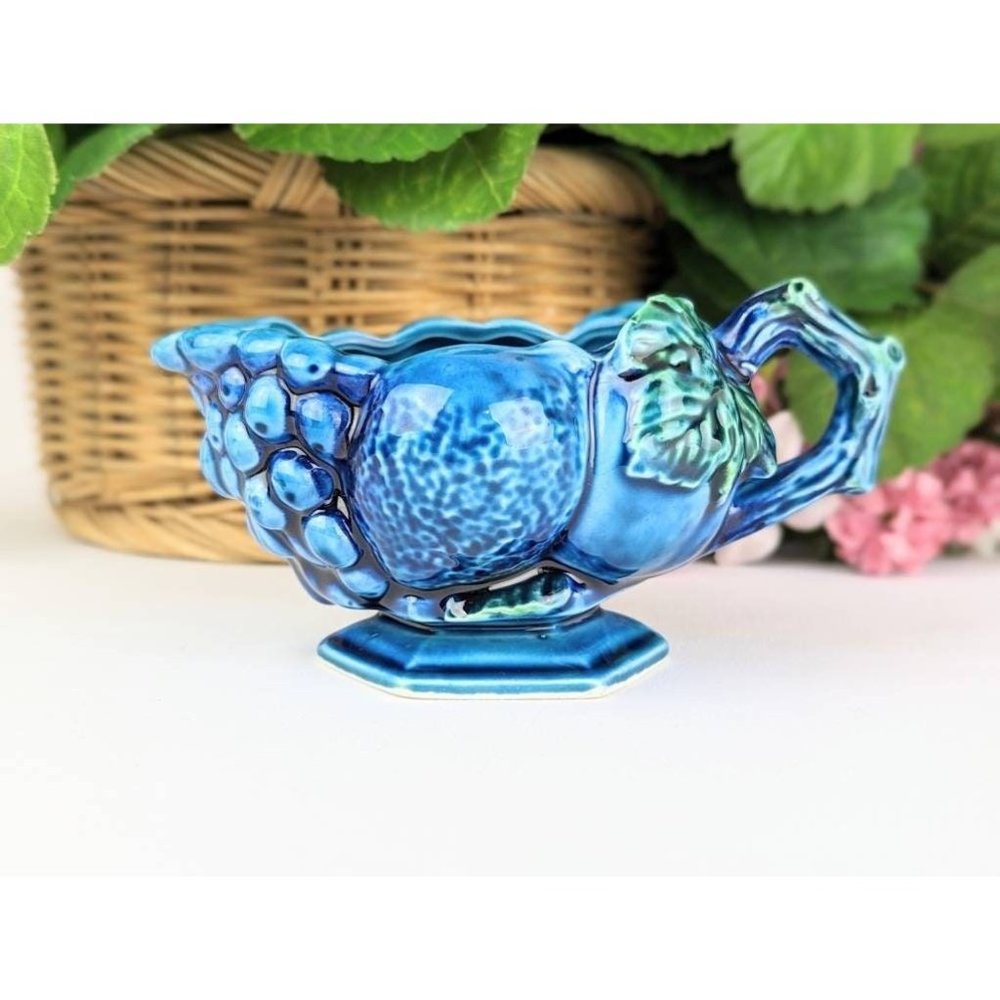 Indigo Blue Ceramic Footed Creamer Pitcher Embossed Fruit Grapes Leaves Inarco